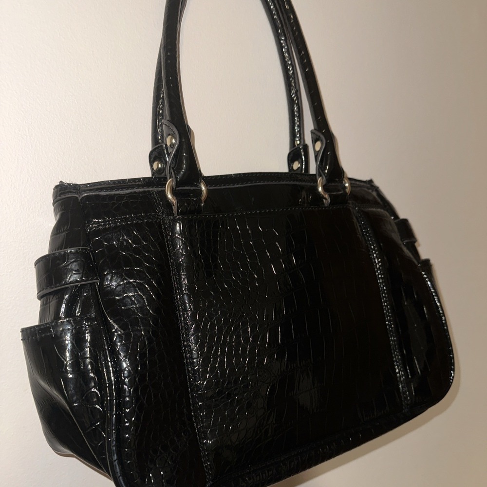 Anne Klein Black Croc-embossed Large Shoulder Bag Handbag Purse Gold Hardware - Picture 5 of 12